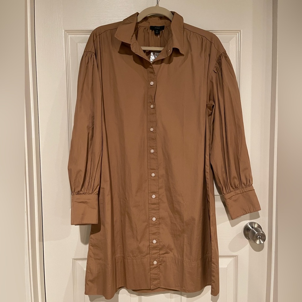 J. Crew Shirt Dress, Pale Brown/Birch, Puff Sleeve, Size Medium, NWT.